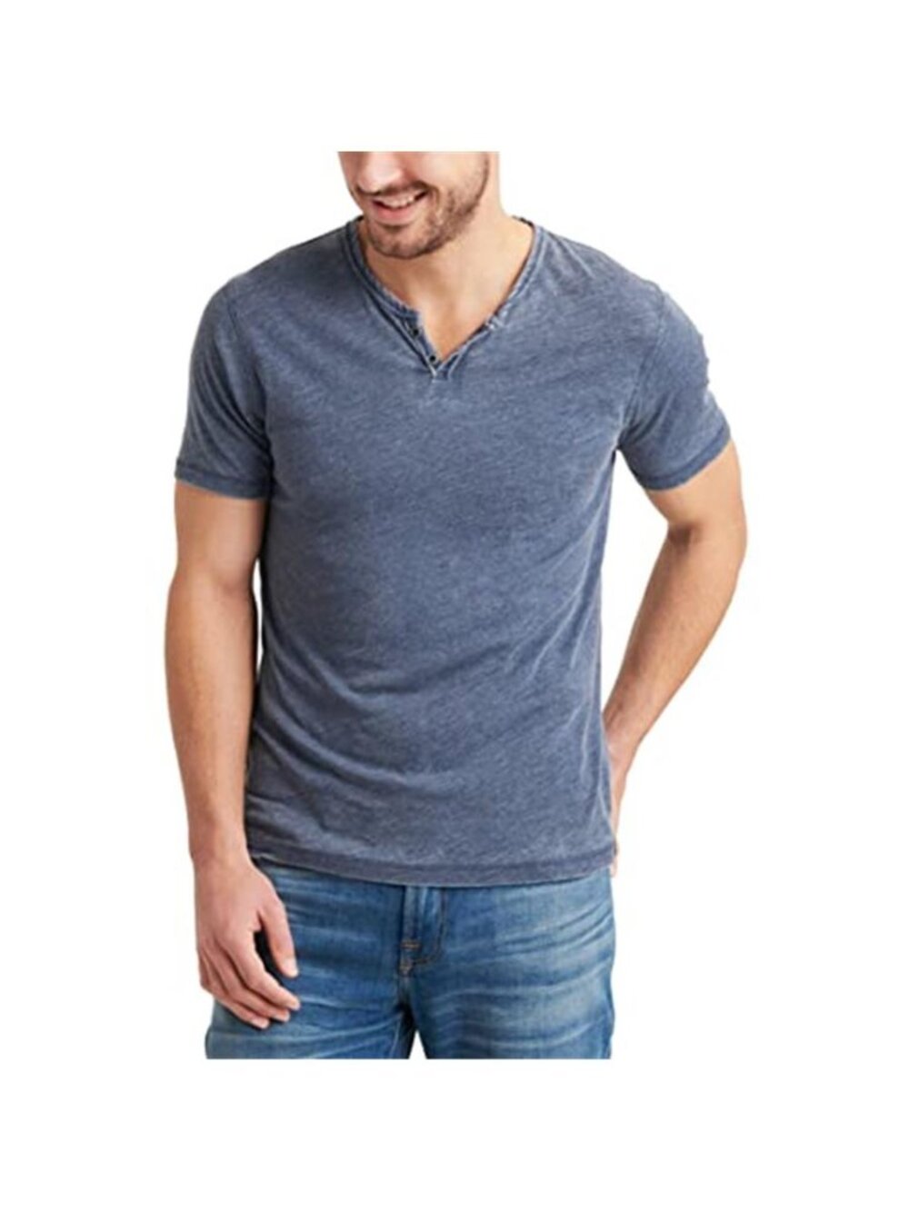 Navy Burnout Notch Neck Henley Shirt Short Sleeve Casual Summer Tee Regular Fit